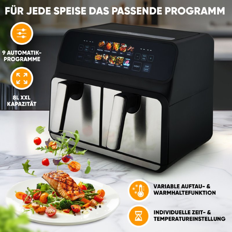 PROFI COOK dual hot air fryer PC-FR 1287 H, 8 litres, oil- and fat-free, stainless steel/black
